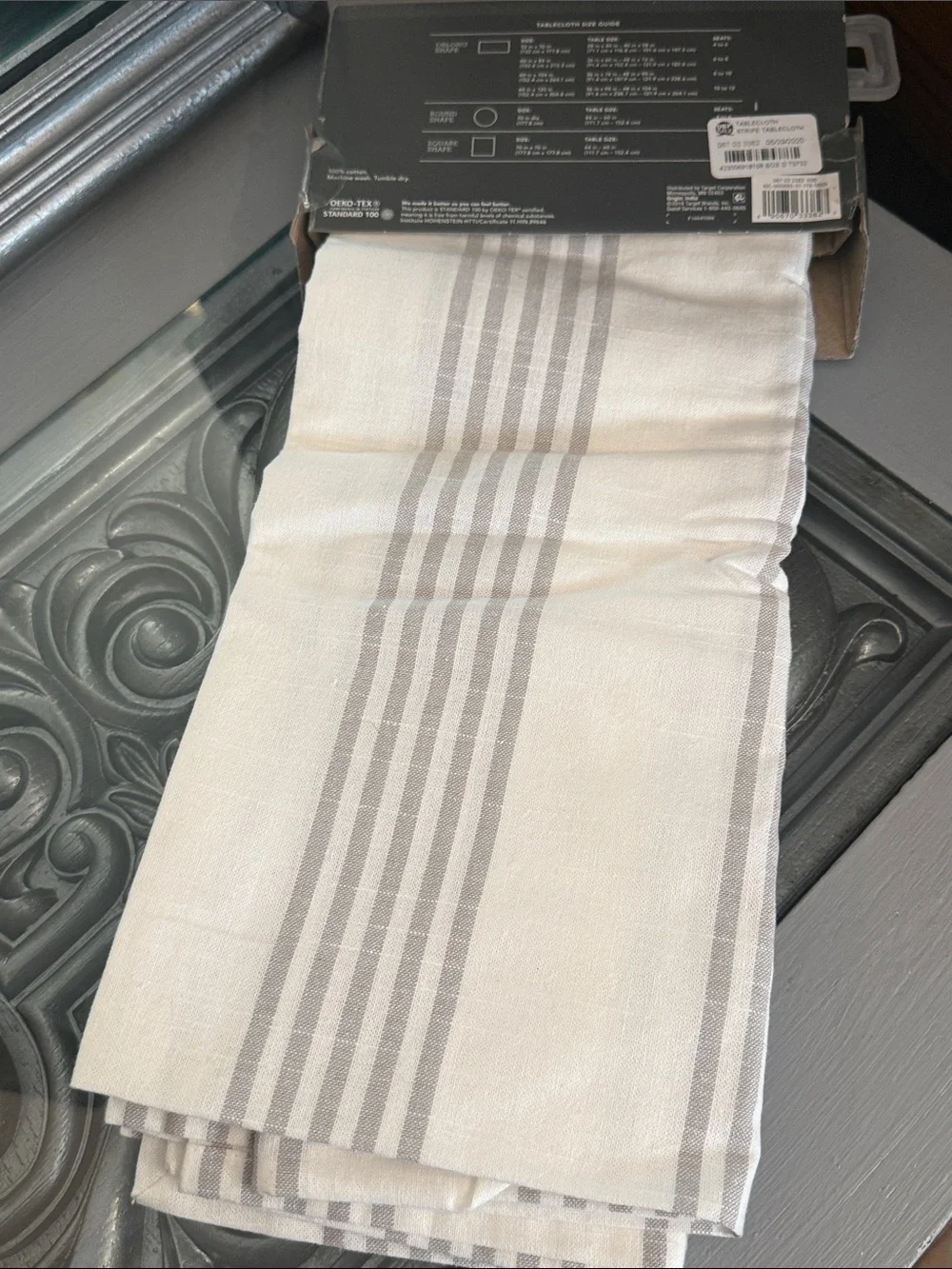 Threshold 52” x 70” White and Gray Striped Oblong Tablecloth